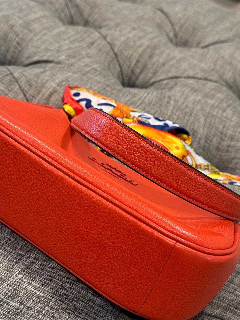 Coach Bag Teri Orange Pebbled Leather Small Shoulder Bag with Scarf Accent - Picture 15 of 17